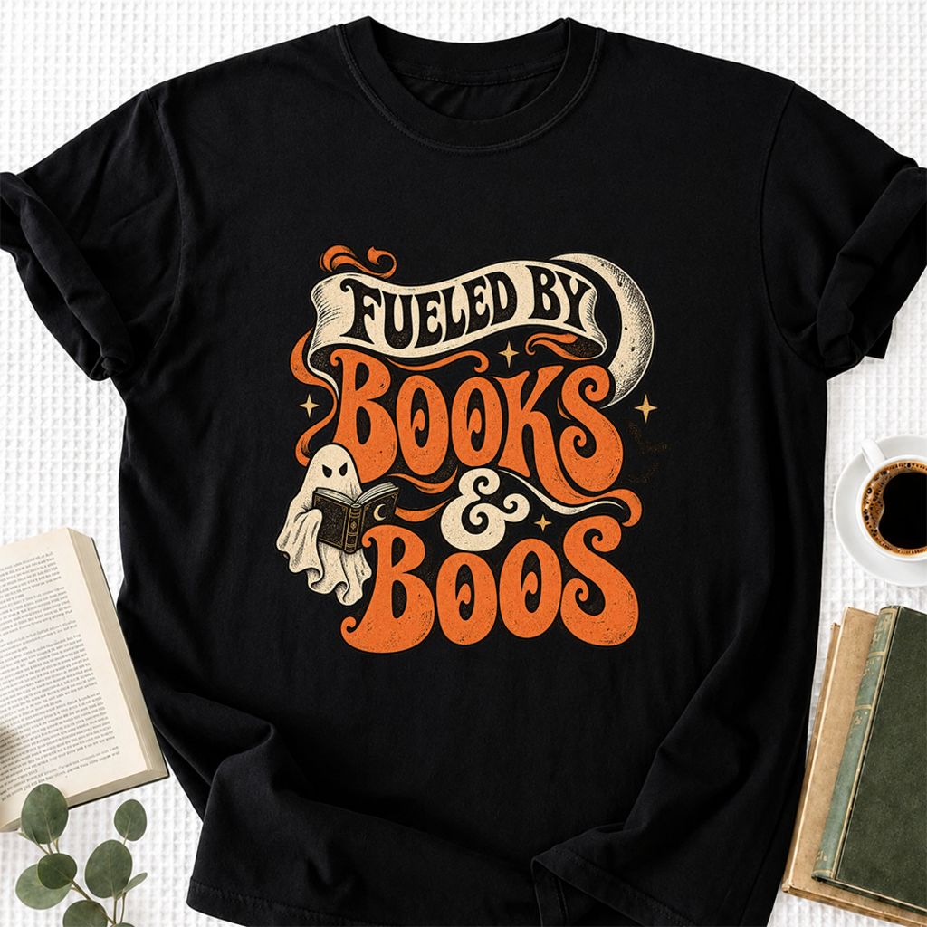 Fueled By Books & Boos Printed T-Shirt | Halloween Book Lover Gift Black