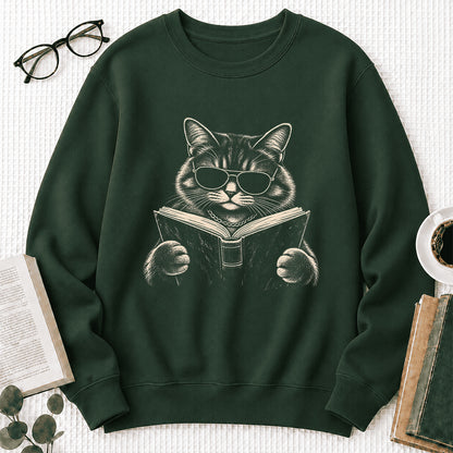 Cat Reading Book Crewneck Sweatshirt | Reader Gift Forest Green