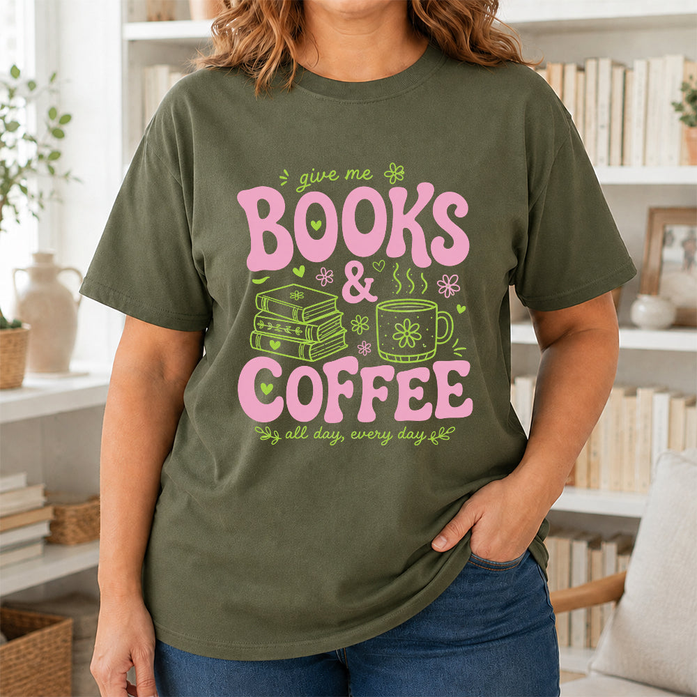 Books and Coffee Softstyle T-Shirt | Book Lover Gift Military Green