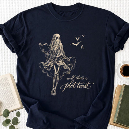 Funny Dress-Wearing Bookworm Ghost Printed T-Shirt | Halloween Book Lover Gift Navy