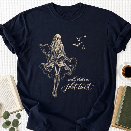 Funny Dress-Wearing Bookworm Ghost Printed T-Shirt | Halloween Book Lover Gift Navy