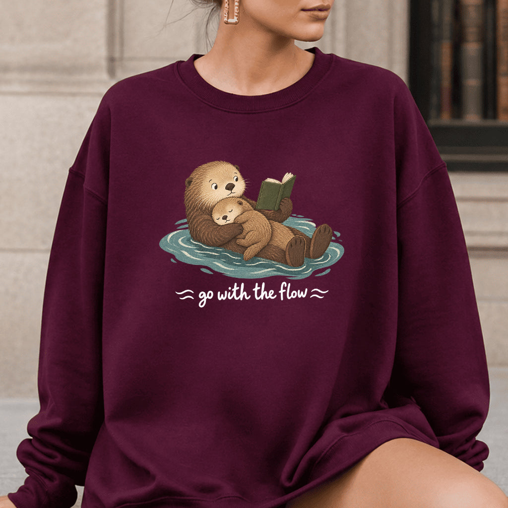 Go With The Flow Otter Reading Crewneck Sweatshirt | Reader Gift Maroon