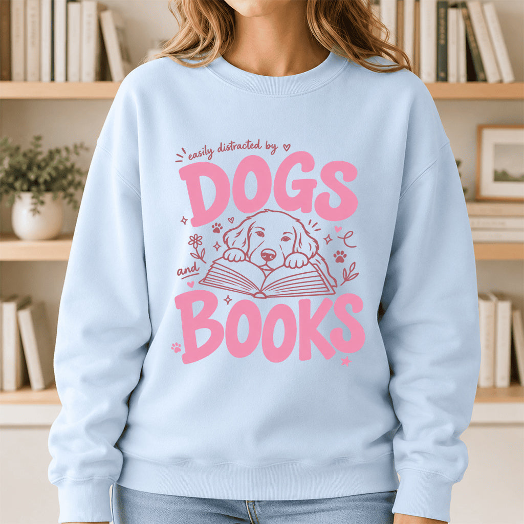 Easily Distracted By Dog And Books Crewneck Sweatshirt | Dog Lover & Reader Gift Light Blue