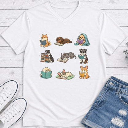 Funny Reading Dogs Ultra-Soft V-Neck | Dog Mom Reader Gift White