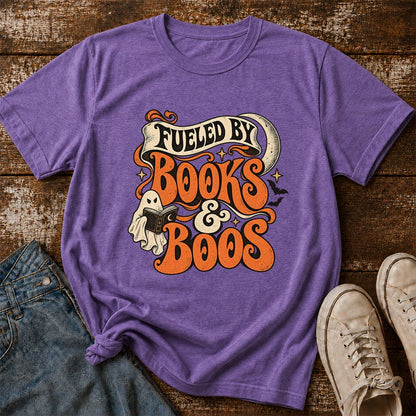 Fueled By Books & Boos Printed T-Shirt | Halloween Book Lover Gift Heather Purple