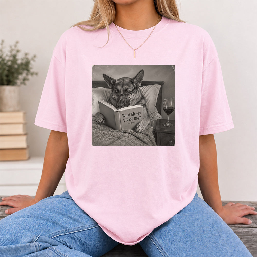 What Makes A Good Boy Printed T-Shirt | Cozy German Shepherd Mom Reader Gift Light Pink