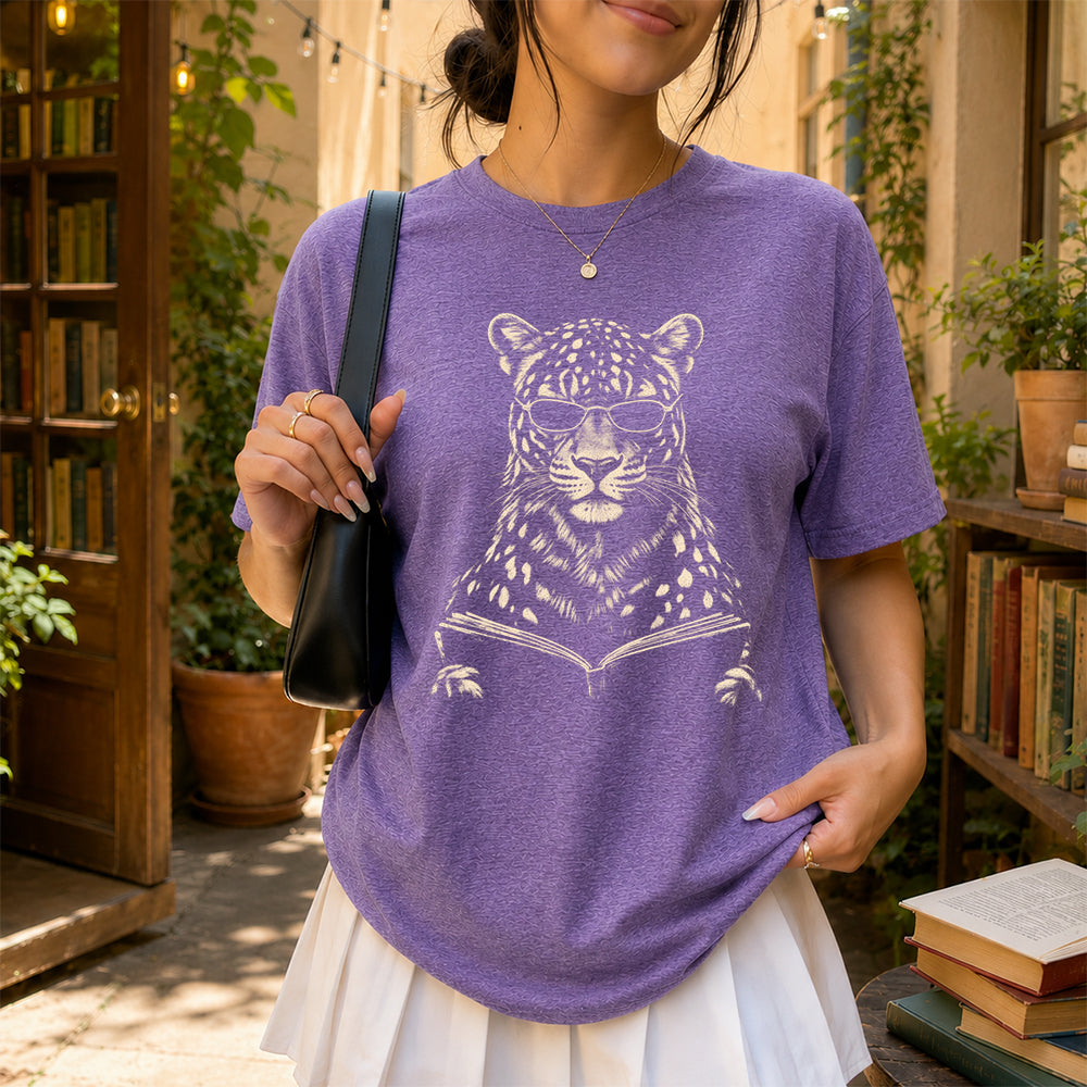 Leopard Reading Book Softstyle T-Shirt | Book Lover Gift Heather Purple