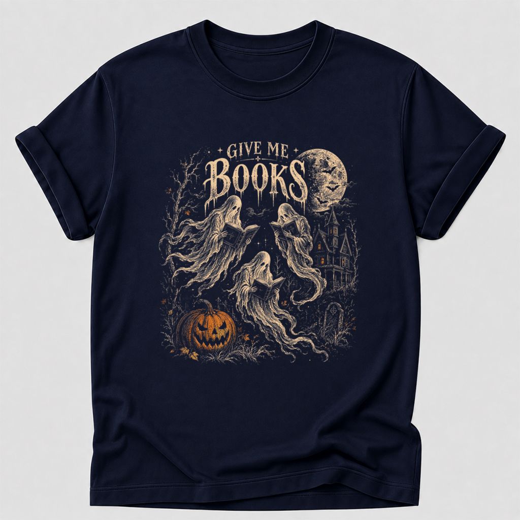 Give Me Books Printed T-Shirt | Halloween Book Lover Gift Navy