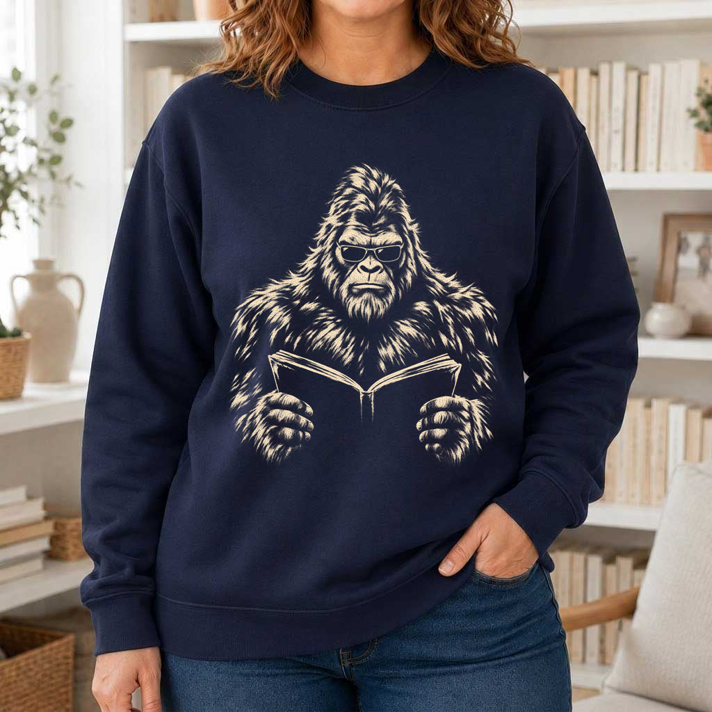 Big Foot Reading Book Crewneck Sweatshirt | Reader Gift Navy