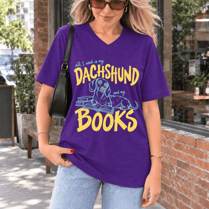 All I Need Is My Dachshund And My Books Ultra-Soft V-Neck | Dog Mom Reader Gift Team Purple