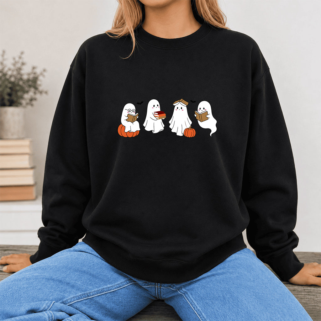 Halloween Ghosts Reading Printed Sweatshirt | Spooky Book Lover Gift Black
