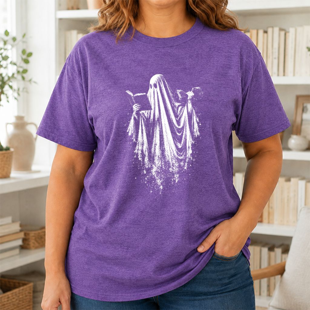 Reading Gym Ghost Printed T-Shirt | Halloween Book Lover Gift Heather Purple