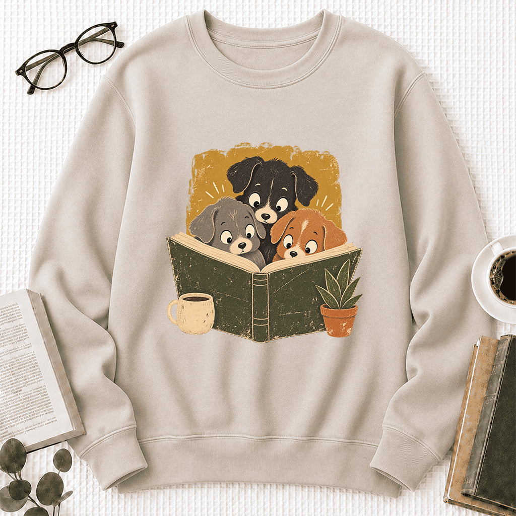 Minimal Japanese Dogs Reading Crewneck Sweatshirt | Reader Gift Sand