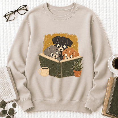 Minimal Japanese Dogs Reading Crewneck Sweatshirt | Reader Gift Sand