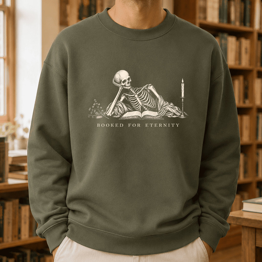 Booked For Eternity Crewneck Sweatshirt | Halloween Reader Gift Military Green