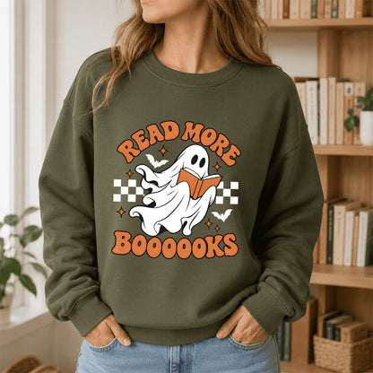 Read More Books Ghost Printed Sweatshirt | Halloween Book Lover Gift Military Green