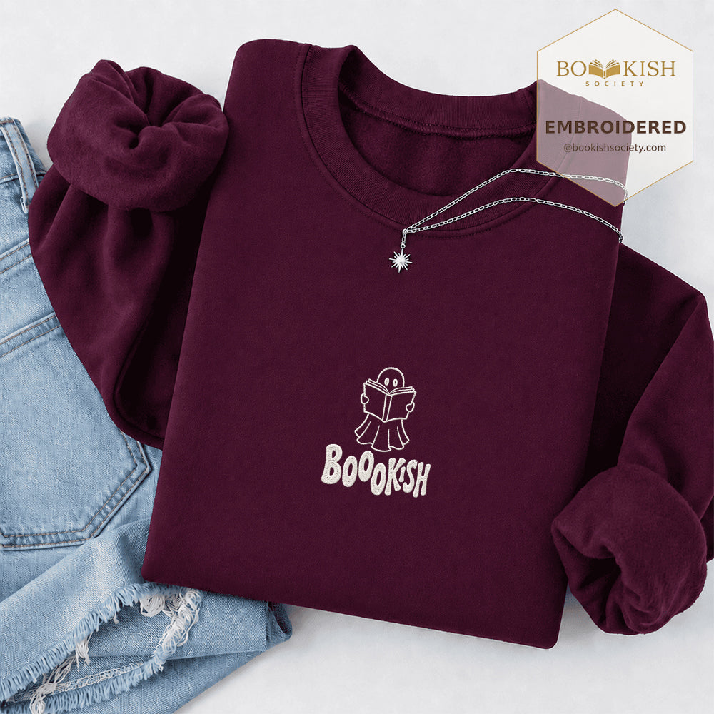 Bookish Ghost Embroidered Sweatshirt | Halloween Book Lover Gift Maroon