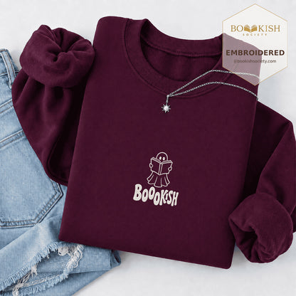 Bookish Ghost Embroidered Sweatshirt | Halloween Book Lover Gift Maroon