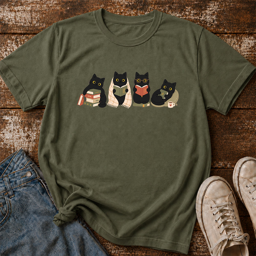 Black Cats Reading Softstyle T-Shirt | Book Lover Gift Military Green