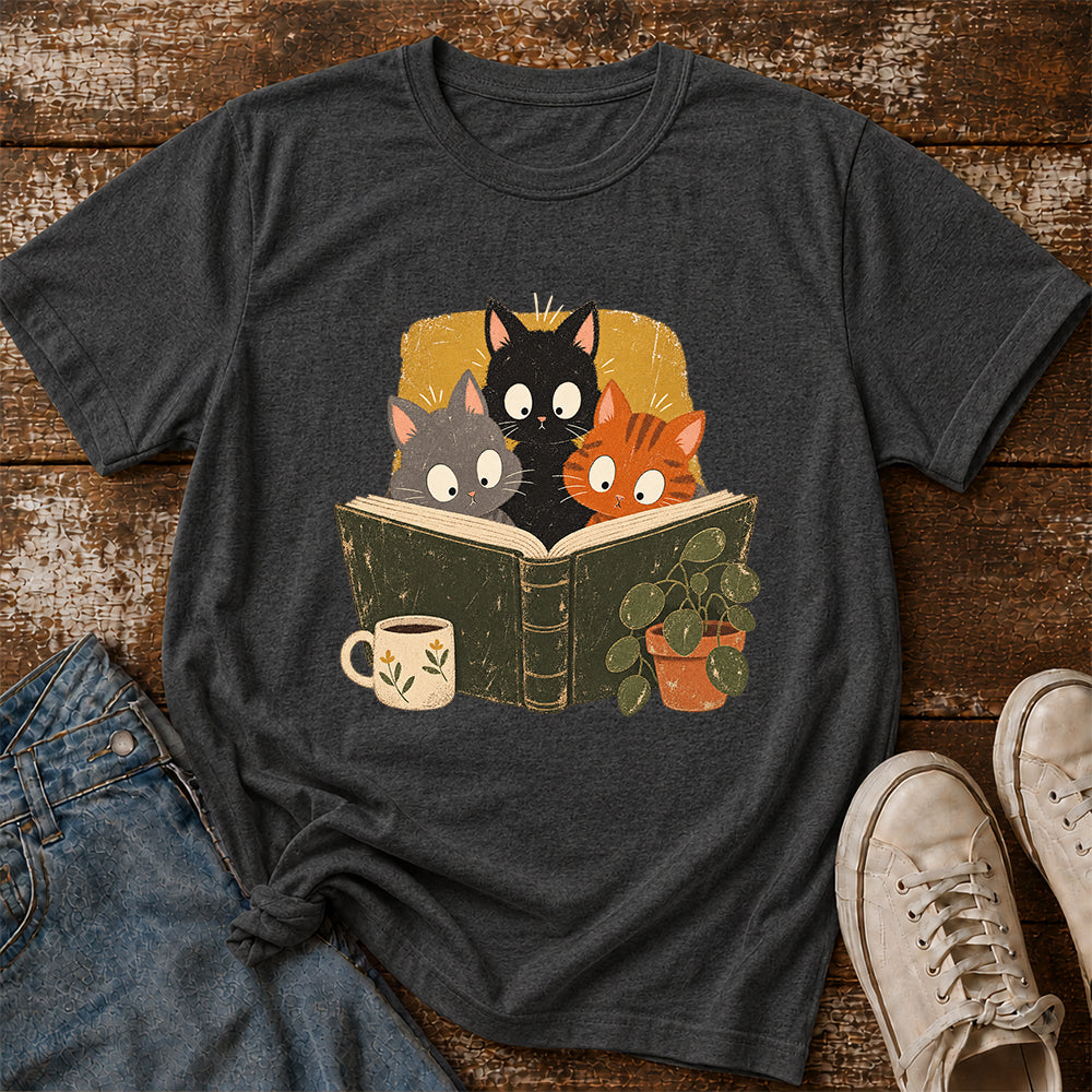 Minimal Japanese Cats Reading Softstyle T-Shirt | Book Lover Gift Dark Heather
