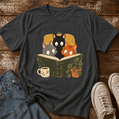Minimal Japanese Cats Reading Softstyle T-Shirt | Book Lover Gift Dark Heather