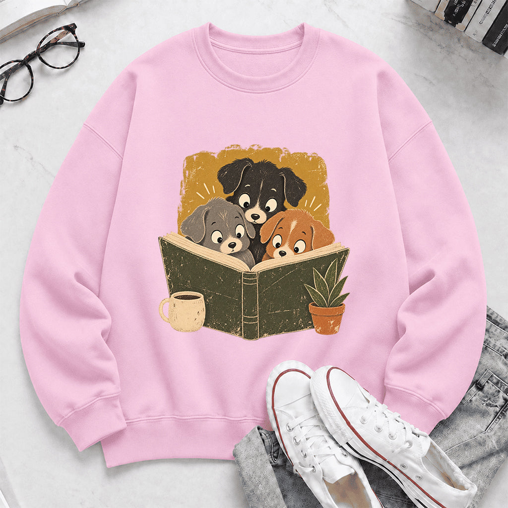 Minimal Japanese Dogs Reading Crewneck Sweatshirt | Reader Gift Light Pink
