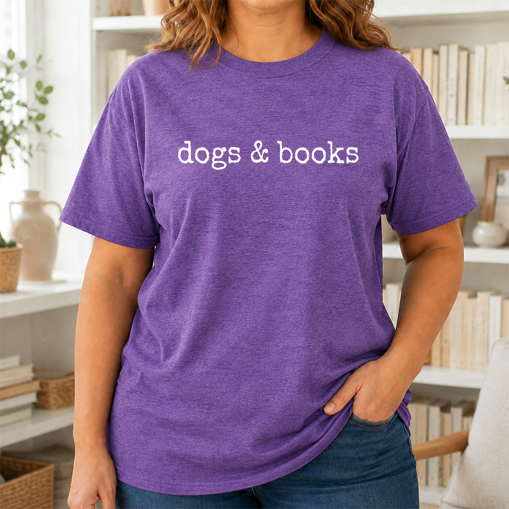 Dogs & Books Sport Cotton T-Shirt | Dog Lover & Reader Gift Heather Purple