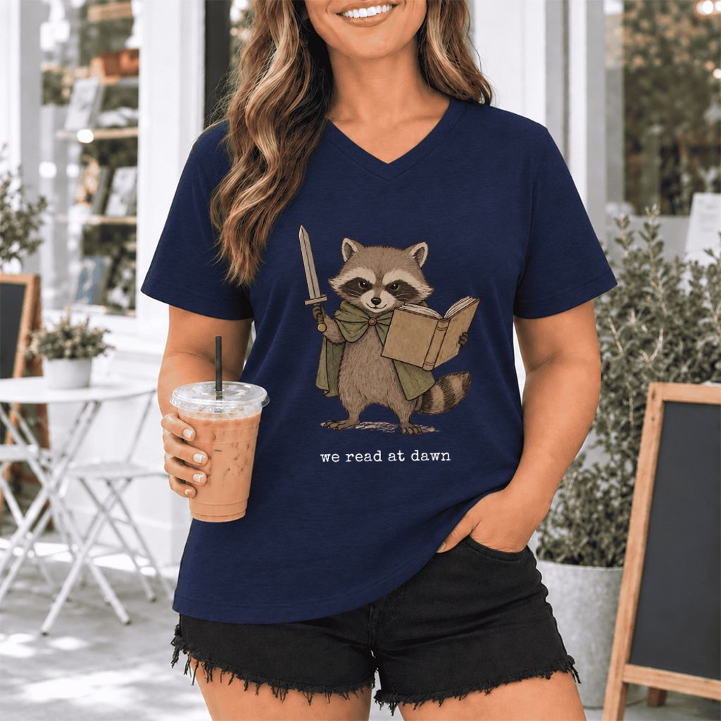 We Read At Dawn Funny Racoon Ultra-Soft V-Neck | Cozy Book Lover Gift Navy