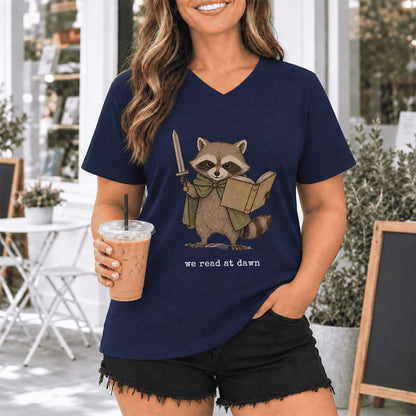 We Read At Dawn Funny Racoon Ultra-Soft V-Neck | Cozy Book Lover Gift Navy