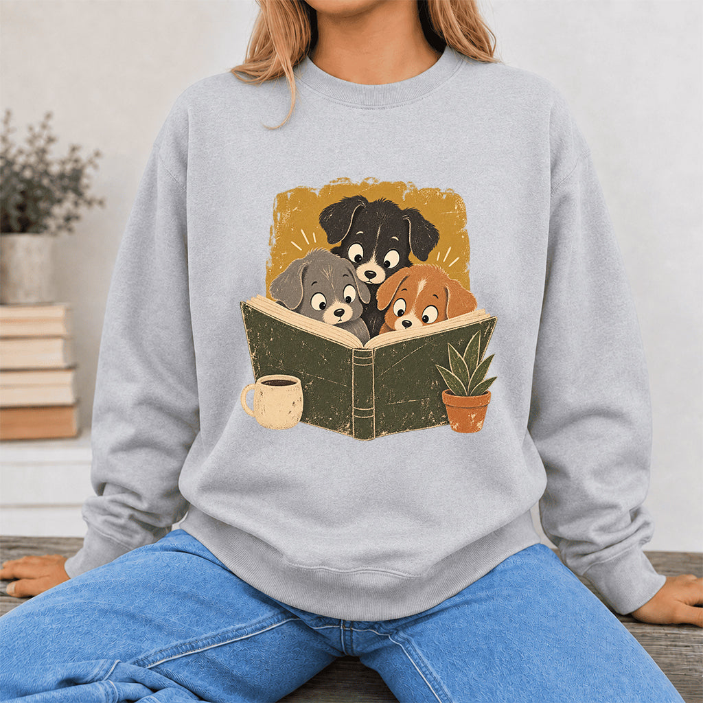 Minimal Japanese Dogs Reading Crewneck Sweatshirt | Reader Gift Sport Grey
