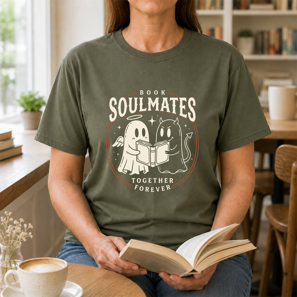 Book Soulmates Together Forever Printed T-Shirt | Halloween Book Lover Gift Military Green