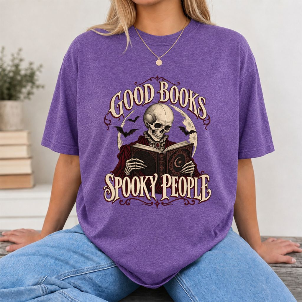 Good Books Spooky People Printed T-Shirt | Halloween Book Lover Gift Heather Purple