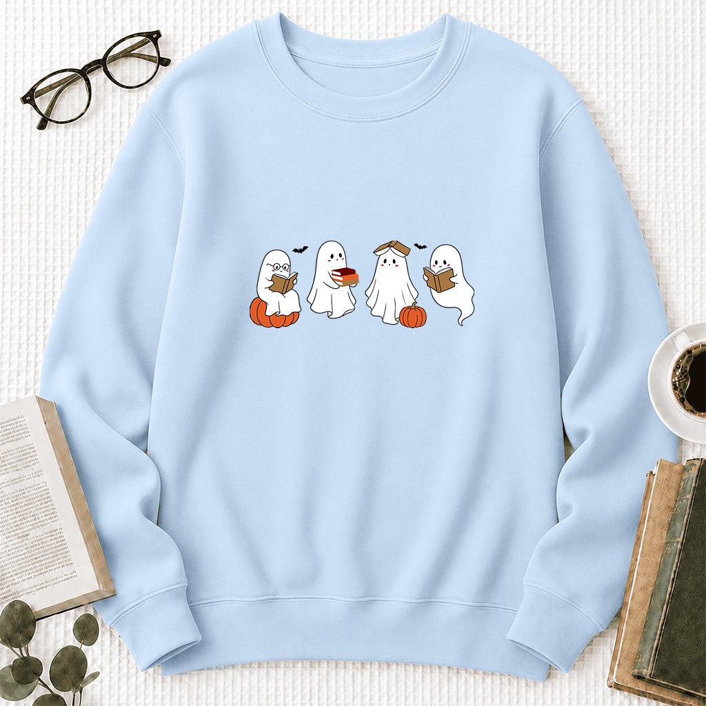 Halloween Ghosts Reading Printed Sweatshirt | Spooky Book Lover Gift Light Blue