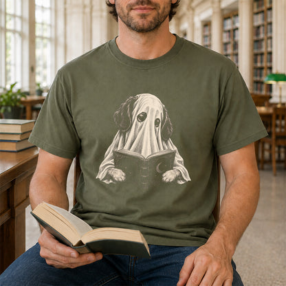 Reading Ghost Dog Printed T-Shirt | Halloween Dog Lover Gift Military Green