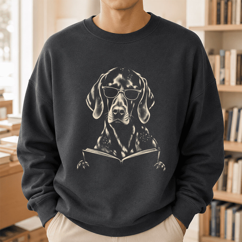 German Shorthaired Pointer Reading Book Crewneck Sweatshirt | Reader Gift Dark Heather