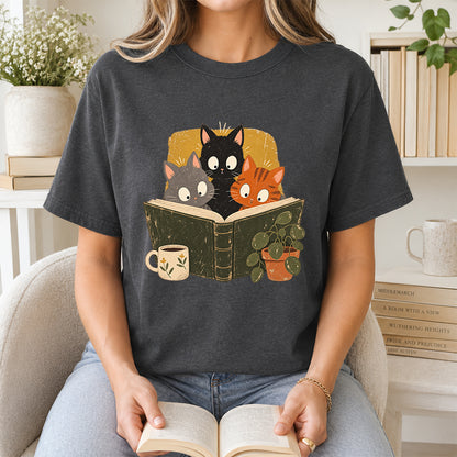 Minimal Japanese Cats Reading Softstyle T-Shirt | Book Lover Gift Dark Heather