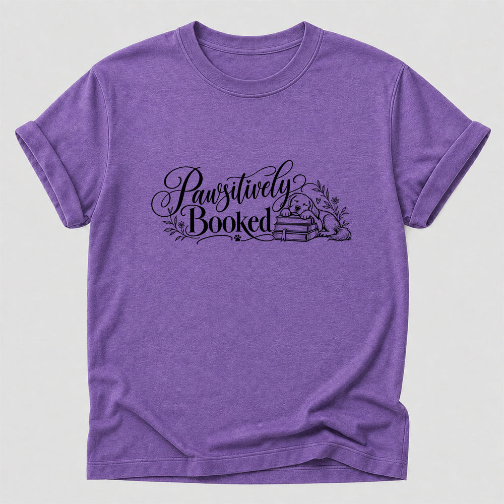 Pawsitively Booked Cotton T-Shirt | Dog Lover & Reader Gift Heather Purple