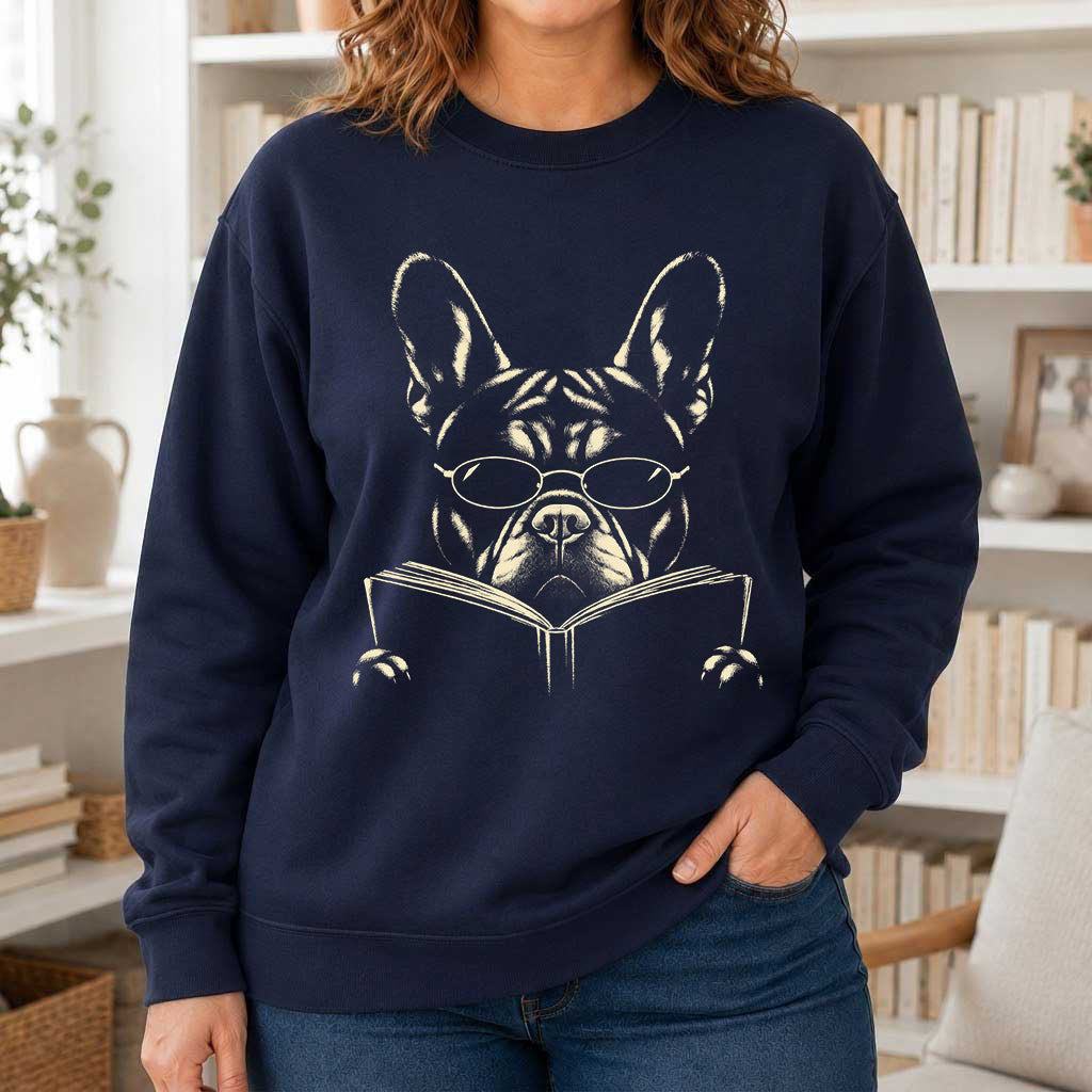 French Bulldog Reading Book Crewneck Sweatshirt | Reader Gift Navy