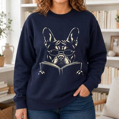 French Bulldog Reading Book Crewneck Sweatshirt | Reader Gift Navy