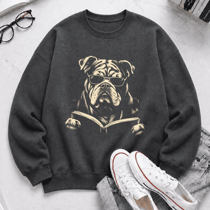 Bulldog Reading Book Crewneck Sweatshirt | Reader Gift Dark Heather