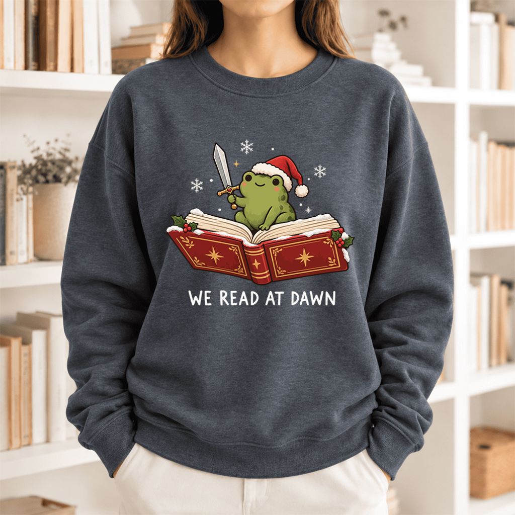 We Read At Dawn Frog Softstyle Sweatshirt | Christmas Book Lover Gift Dark Heather