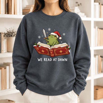 We Read At Dawn Frog Softstyle Sweatshirt | Christmas Book Lover Gift Dark Heather