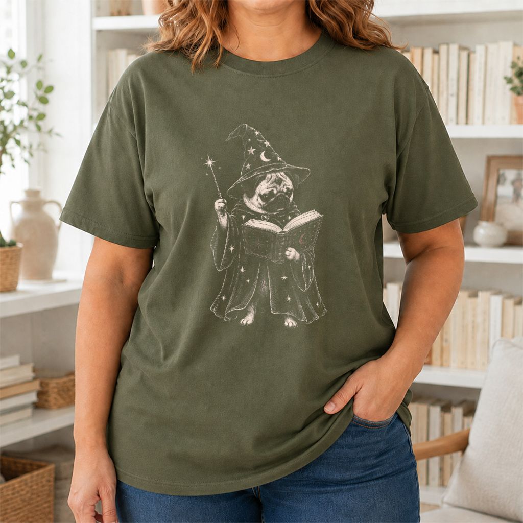 Cute Pug Witch Reading Book Printed T-Shirt | Halloween Book & Dog Lover Gift Military Green