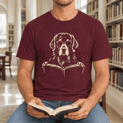 Golden Retriever Reading Book Ultra-Soft Cotton T-Shirt | Dog Mom Reader Gift Maroon