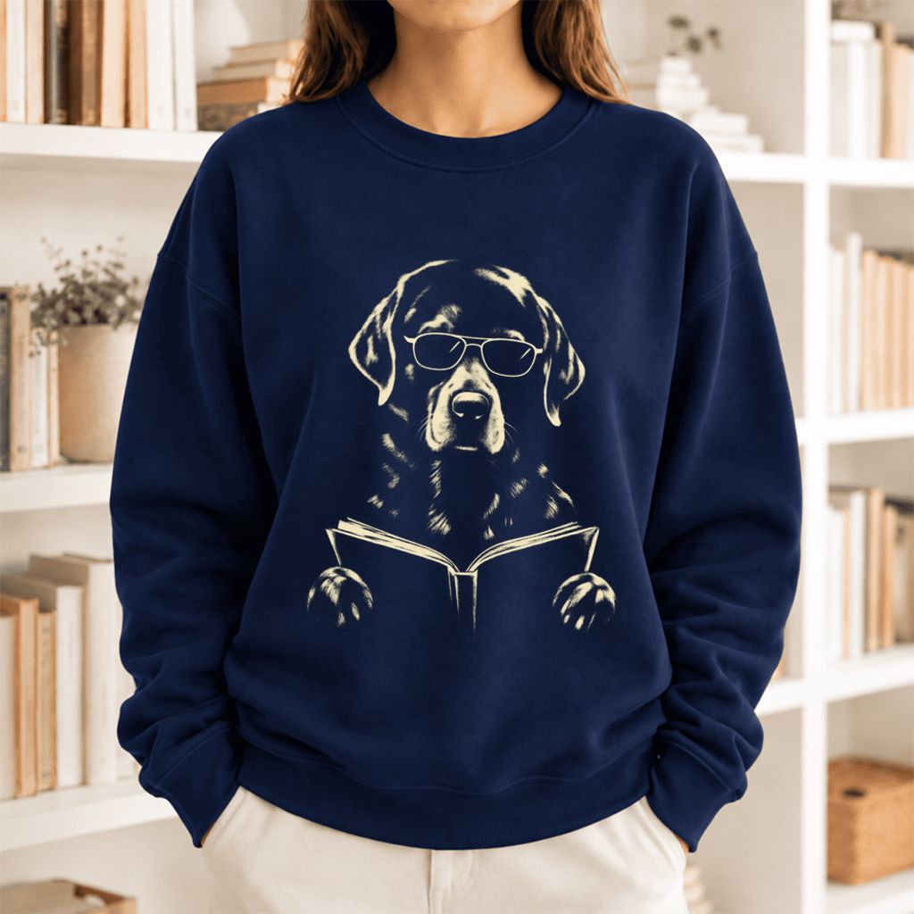 Labrador Retriever Reading Book Softstyle Sweatshirt | Dog Mom Reader Gift Navy