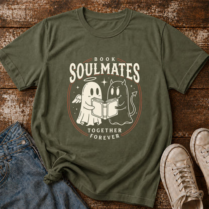 Book Soulmates Together Forever Printed T-Shirt | Halloween Book Lover Gift Military Green