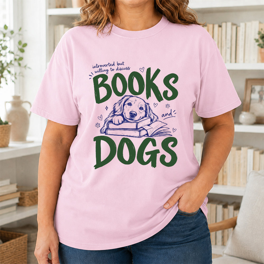 Introverted But Willing To Discuss Books And Dogs Cotton T-Shirt | Dogs Lover & Reader Gift Light Pink