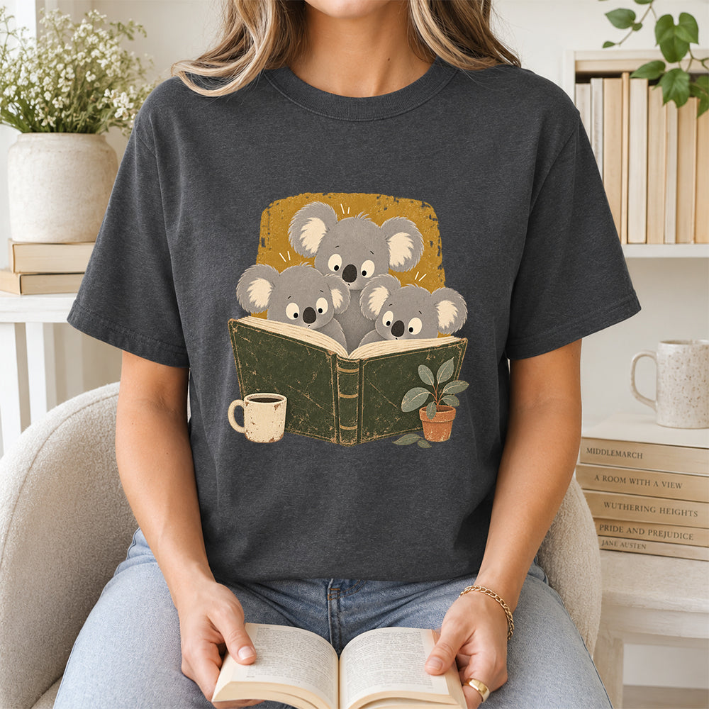 Minimal Japanese Koalas Reading Softstyle T-Shirt | Book Lover Gift Dark Heather