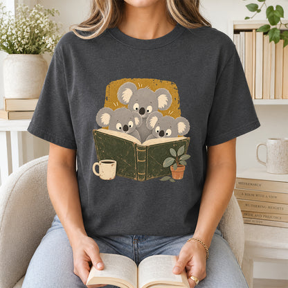 Minimal Japanese Koalas Reading Softstyle T-Shirt | Book Lover Gift Dark Heather
