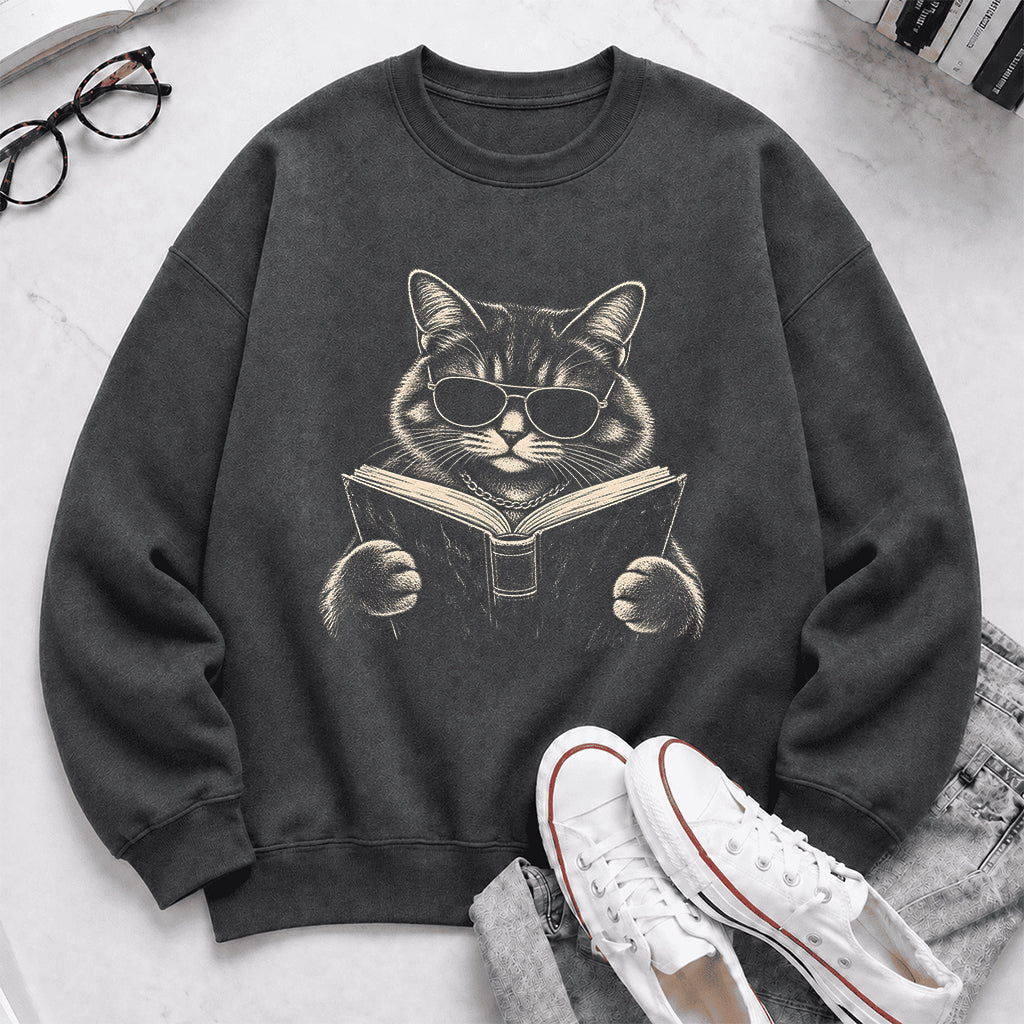 Cat Reading Book Crewneck Sweatshirt | Reader Gift Dark Heather